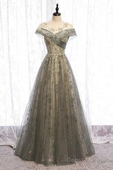 A-Line Evening Gown Elegant Dress Wedding Guest Engagement Floor Length Short Sleeve Illusion Neck Tulle With Pleats